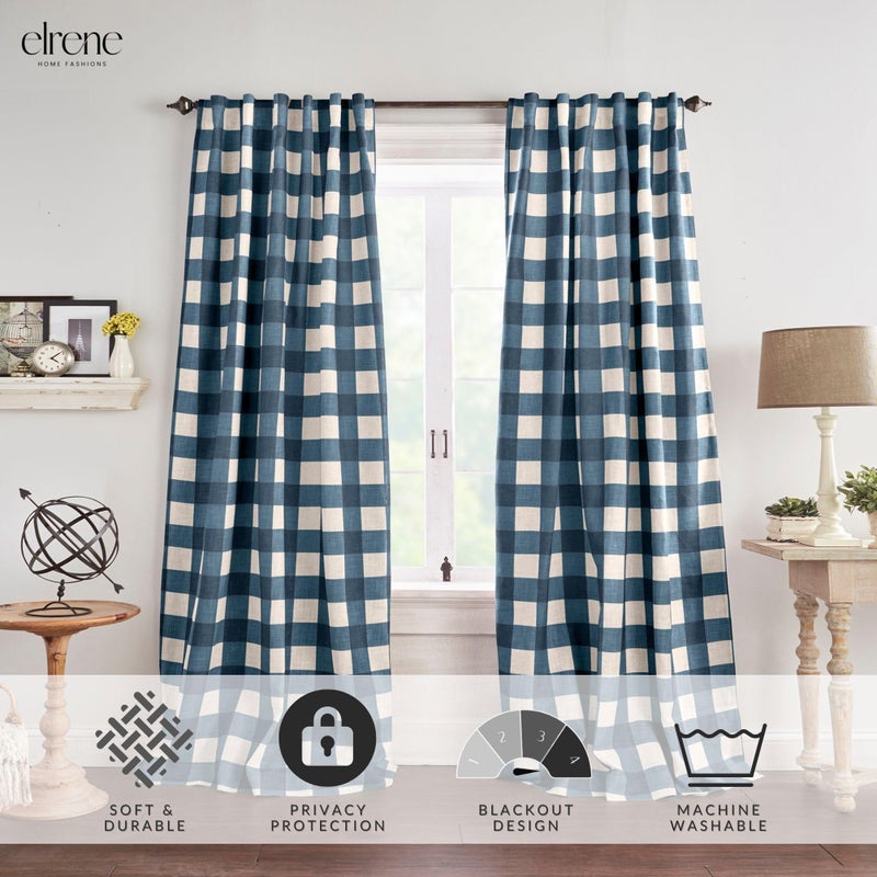 Elrene Home Fashions Farmhouse Living Grainger Buffalo-Check Blackout Window Curtain, Living Room and Bedroom Drape with Rod Pocket Tabs, 52" x 84", Indigo, 1 Panel - Image 2